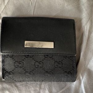 Gucci Black Canvas and Leather Compact Trifold Wallet with Silver Plaque
